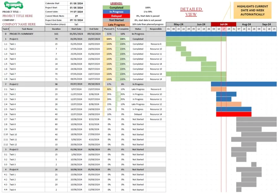 Excel schedule dashboard with progress tracking